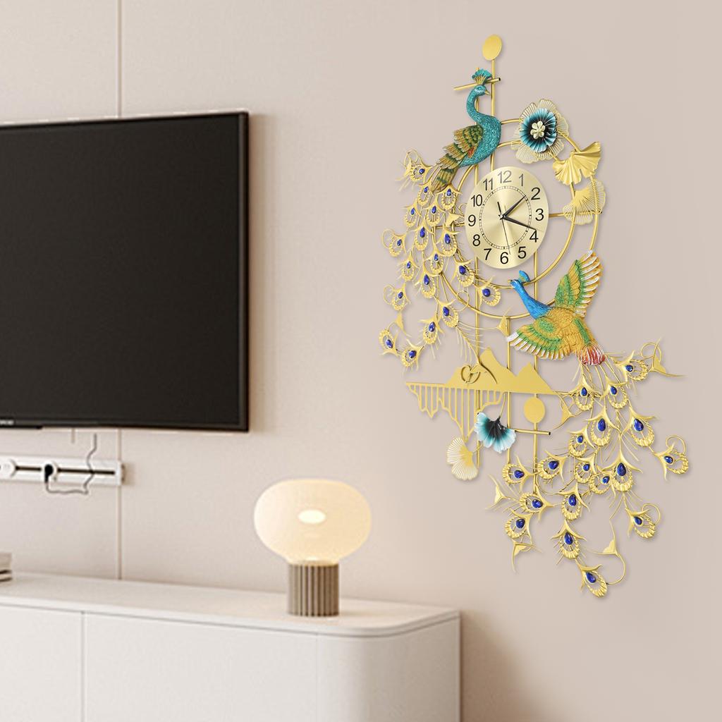 Large Peacock Iron Wall Clock,Gold Blue Art Wall Clocks 80*120cm Wall-mounted for Kitchen,Dining Room