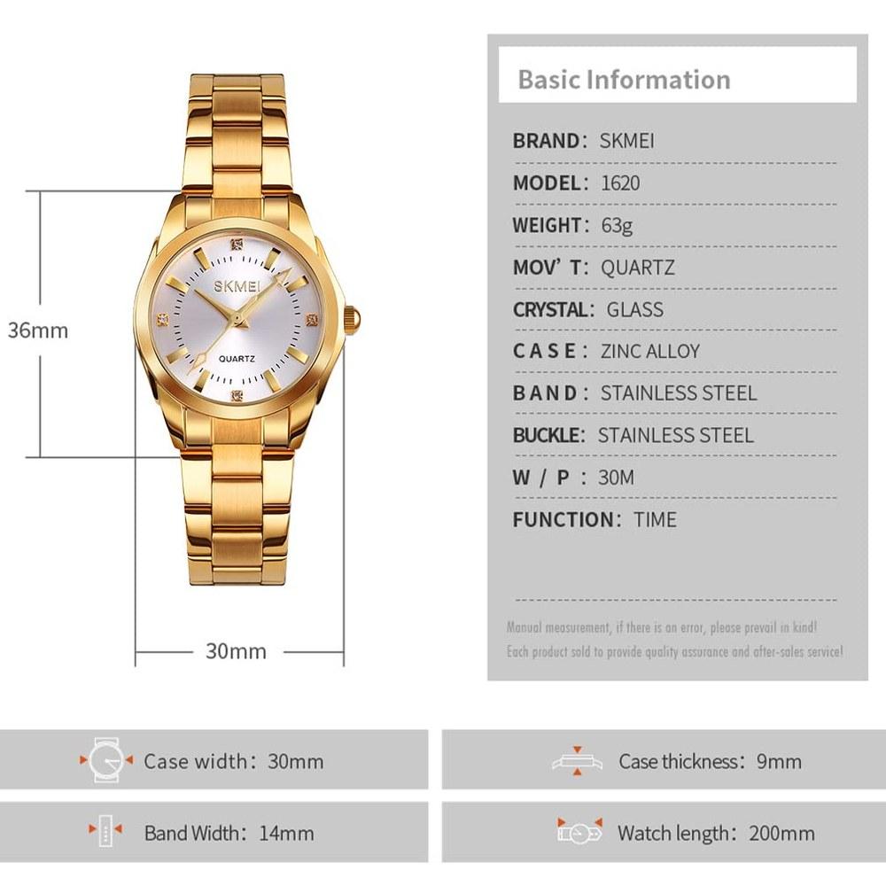 Skmei Women's Watch Gold Fashionable Stainless Steel Waterproof Classic Analog Quartz Casual Elegant Gift
