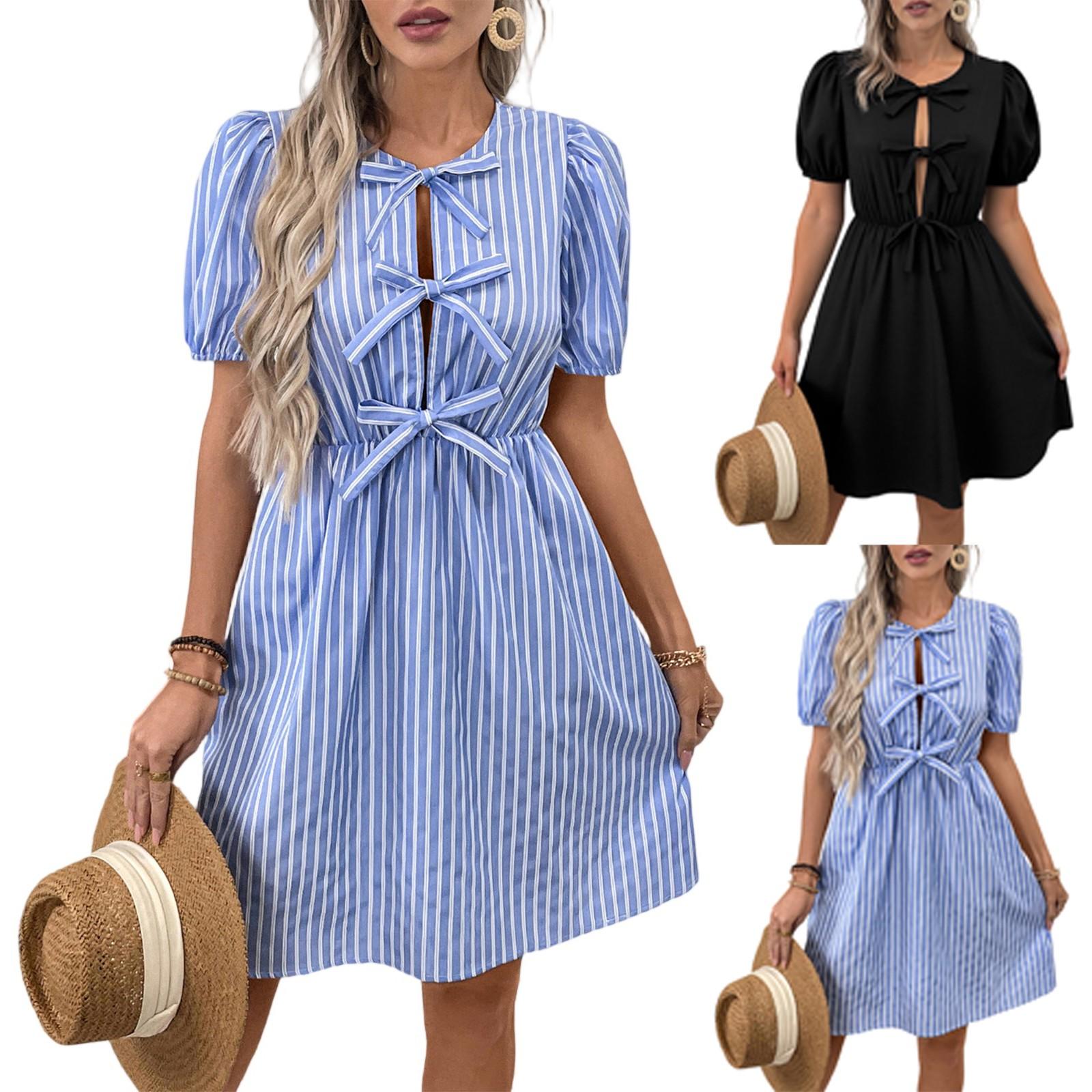 

Women s Fashionable Retro Printed Round Neck Bow Tied Dress M чорний