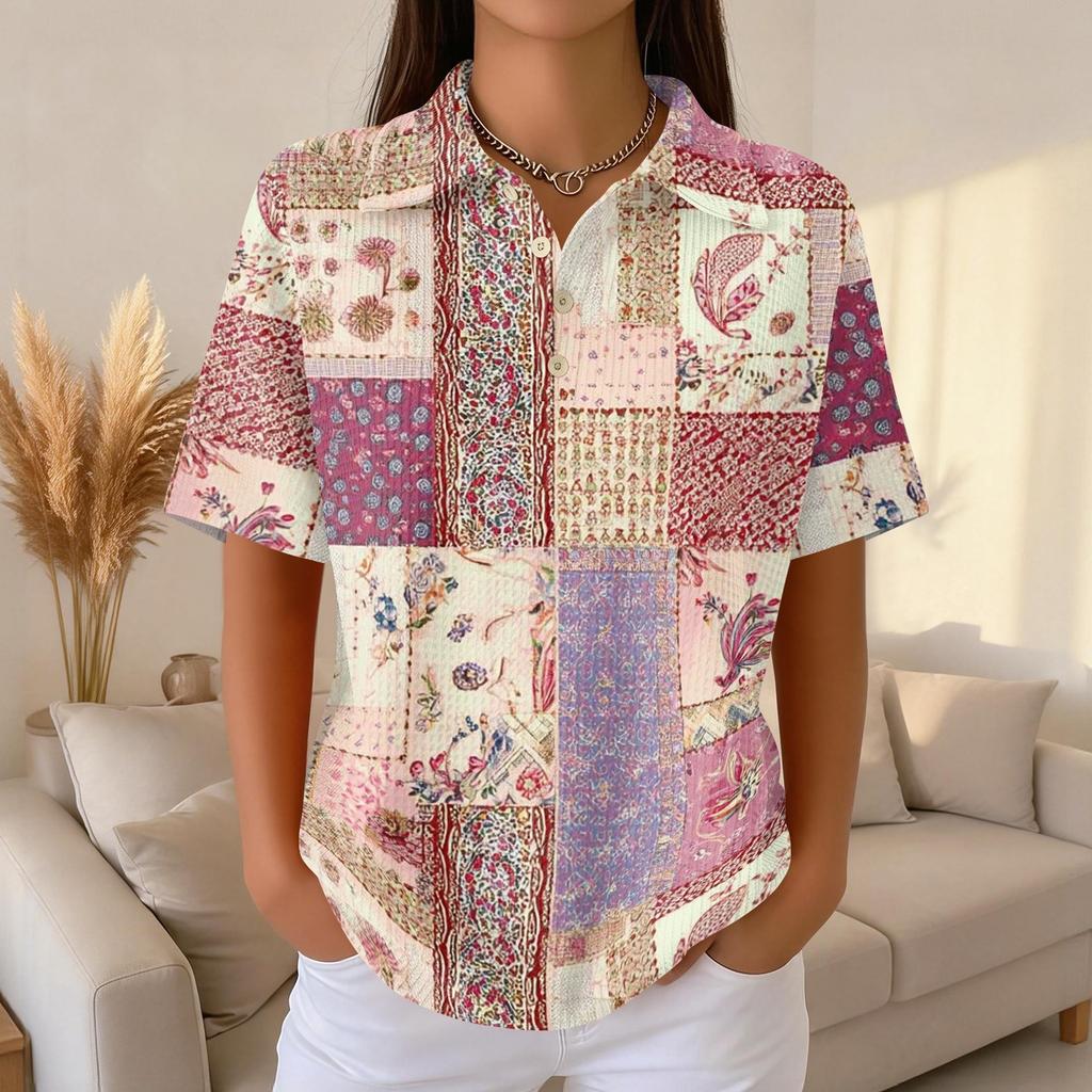 Women Fashion Casual Short Sleeve Waffle Knit Polo Collar Top with Patchwork Floral Print Loose Fit Button Down Shirt