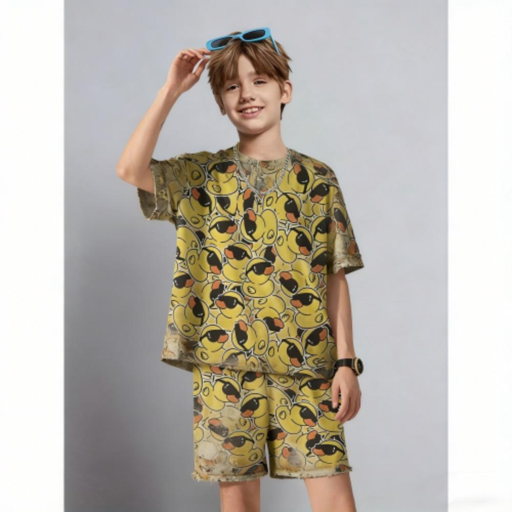 Men's Set Cartoon Animal Duck Printed Men's T-shirt and Shorts 2 Piece Set Summer Casual Outdoor Men's and Women's Outfit Clothing