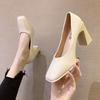 Summer square head single shoes female celebrity patent leather high heels thick heel pedicure shallow mouth foot cover professional shoes