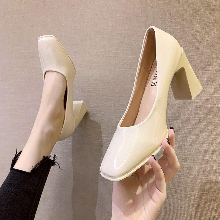 Summer square head single shoes female celebrity patent leather high heels thick heel pedicure shallow mouth foot cover professional shoes