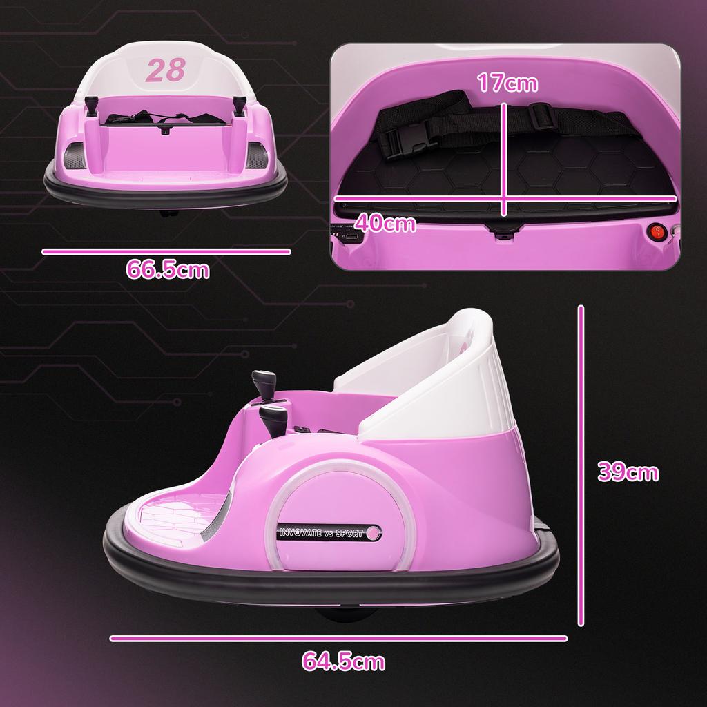 360 Degrees Rotation Kids Bumper Car, 12V Waltz Car with Remote Control, Dual Joystick, Music, Lights, Pink