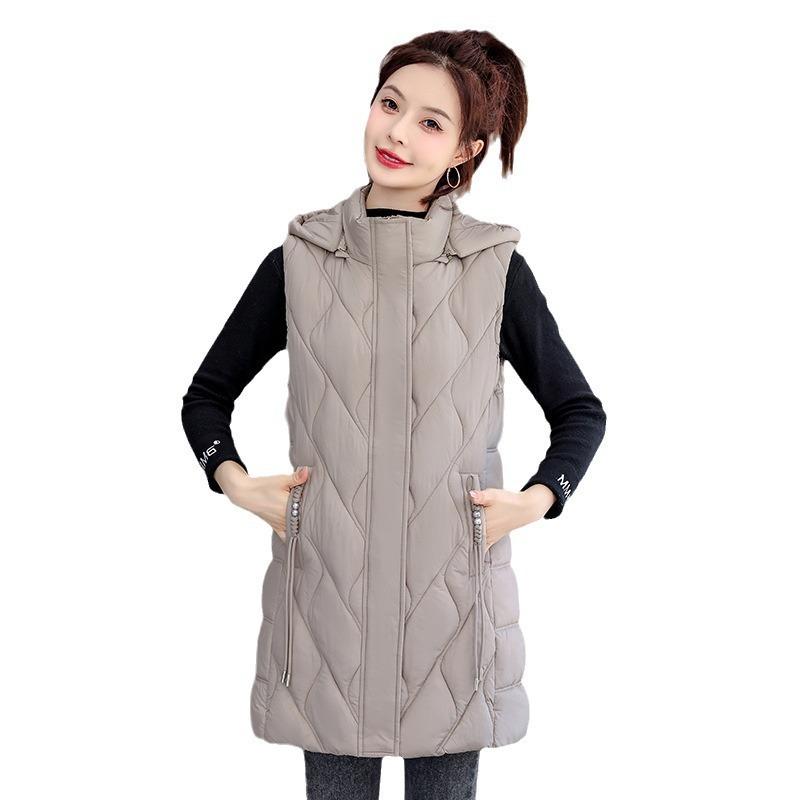Cotton Vest Women's Medium and Long Live Hat Medium and Long Solid Color Cotton Vest Rhombus Temperament Thin Loose Vest