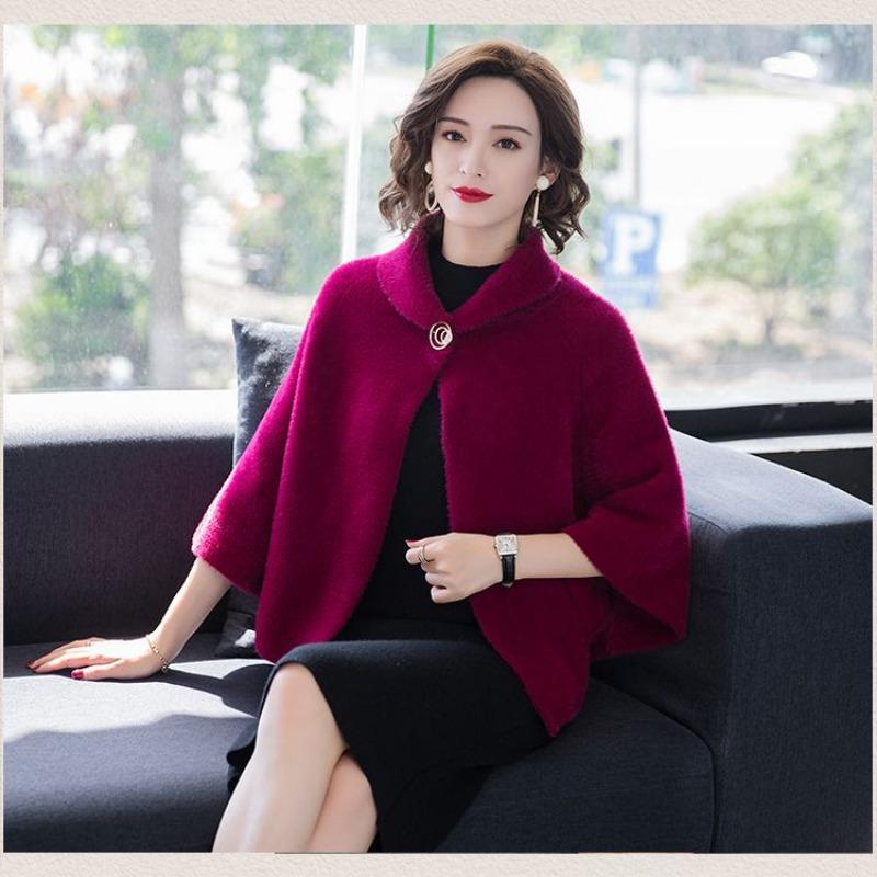 Autumn and winter warm little cloak fashionable and versatile cape jacket women's round neck embroidered top