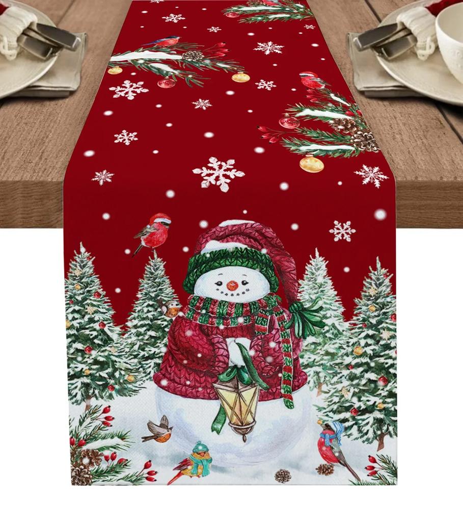 Christmas Snowman Table Runner Linen Antifouling for Wedding Festive Picnic Kitchen  Decoration