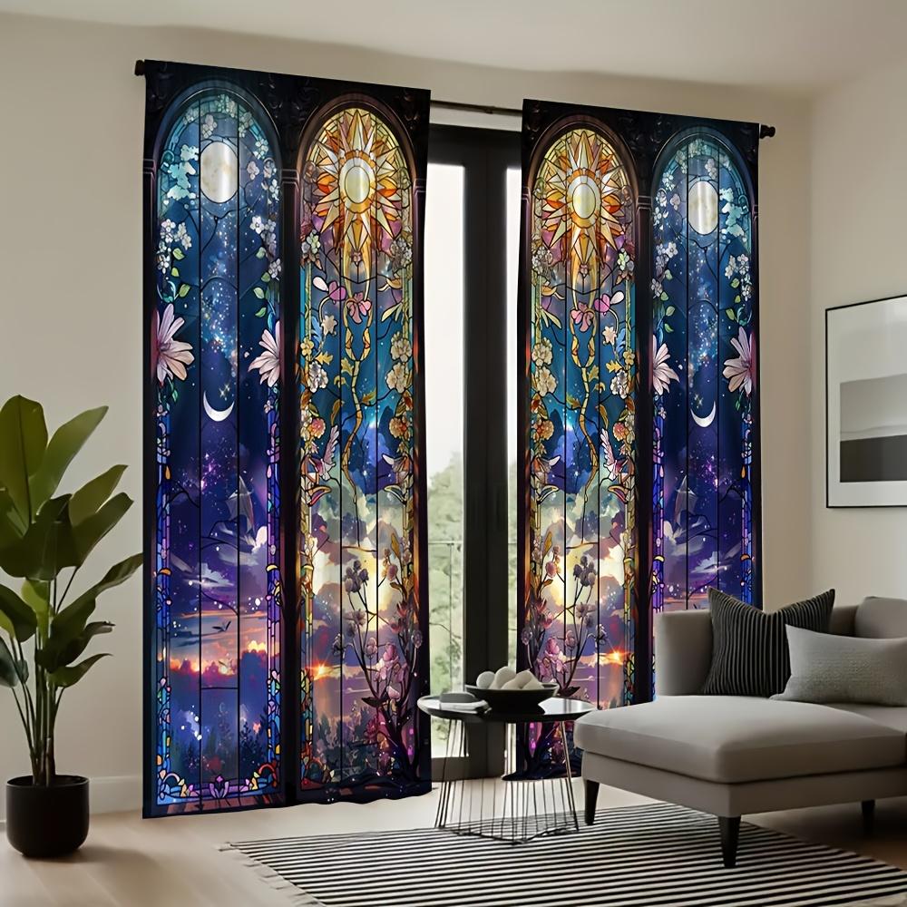 two-piece sun moon starry sky psychedelic oil painting theme modern hanging curtain, bedroom decoration transparent curtain