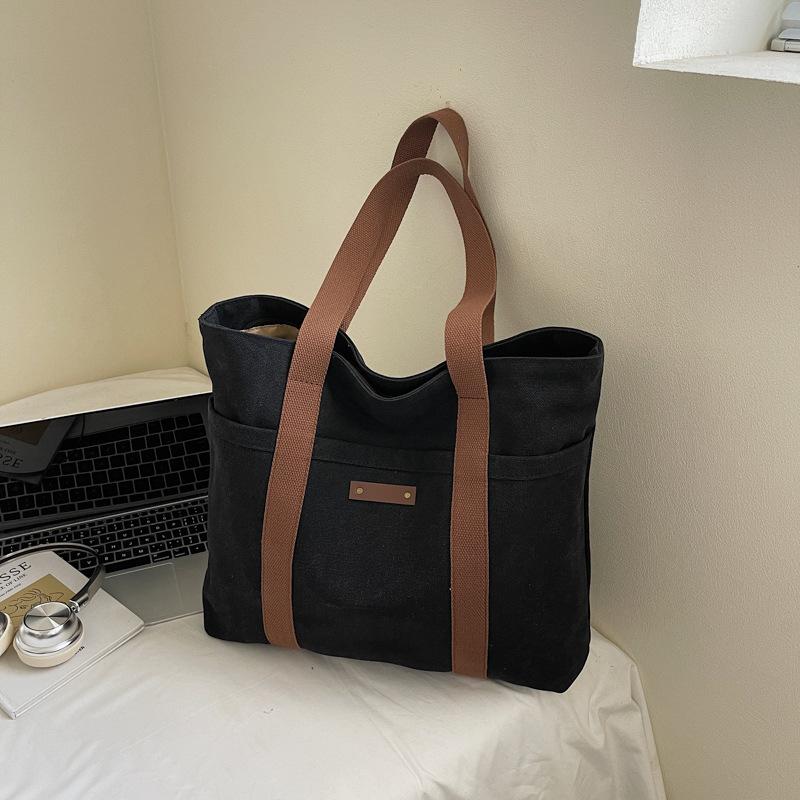 

Холщовая сумка женская большой вместимости новая летняя универсальная простая на плечо сумка-тоут для занятий для студентки чёрный
