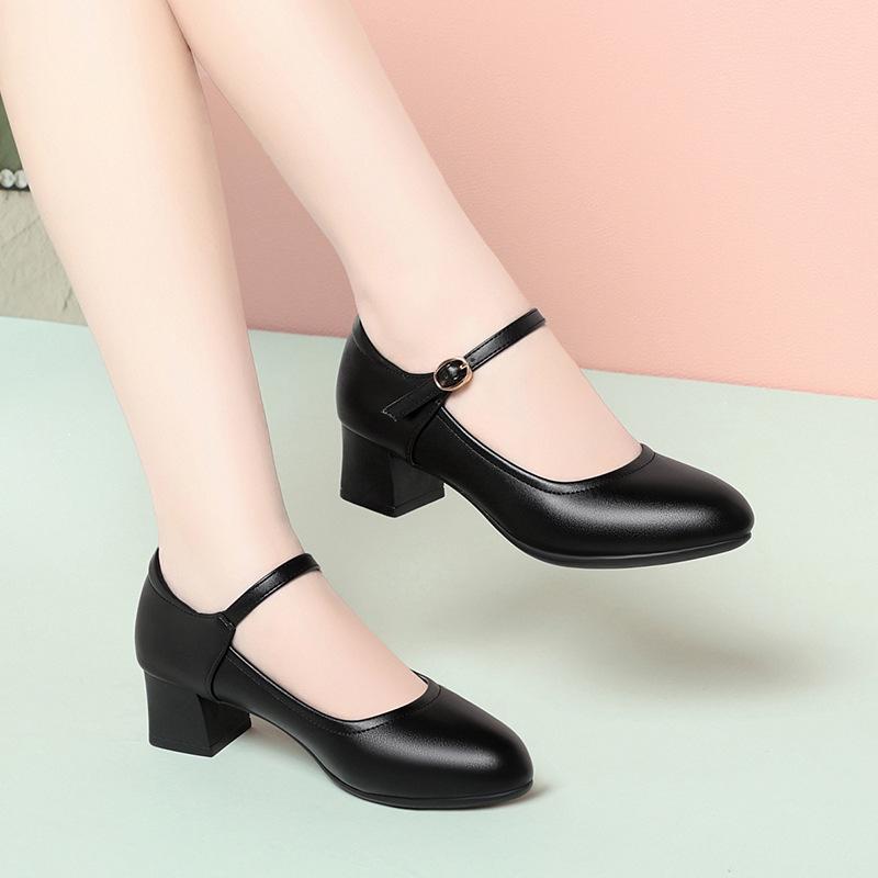 Cheongsam Catwalk Shoes Women's Medium Heel Leather Shoes Thick Heel Work Shoes One-button Black Round Head Professional Single Shoes