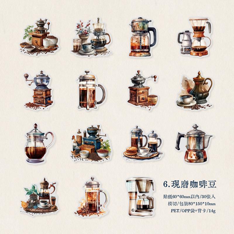 30 uds Paquete de pegatinas temáticas de café gourmet vintage para tienda de campaña a mano pegatinas decorativas DIY Material para Scrapbooking DIY