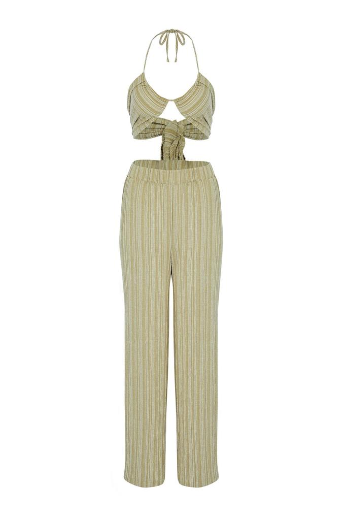 Women's Style Bottom-Top Set Clothes Green Woven Linen Blend Blouse Trouser Set