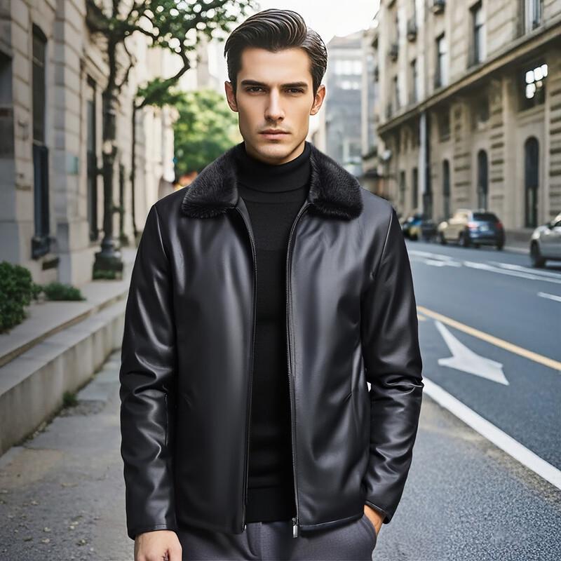 Futting Men's Genuine Leather Down Jacket with Mink Fur Collar