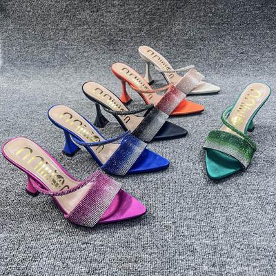 Fashion High Heels Rhinestone Slippers for Pointed Toe Sexy Crystal Slippers Female Luxury Designer Party Dress Sandals Zapatillas Mujer