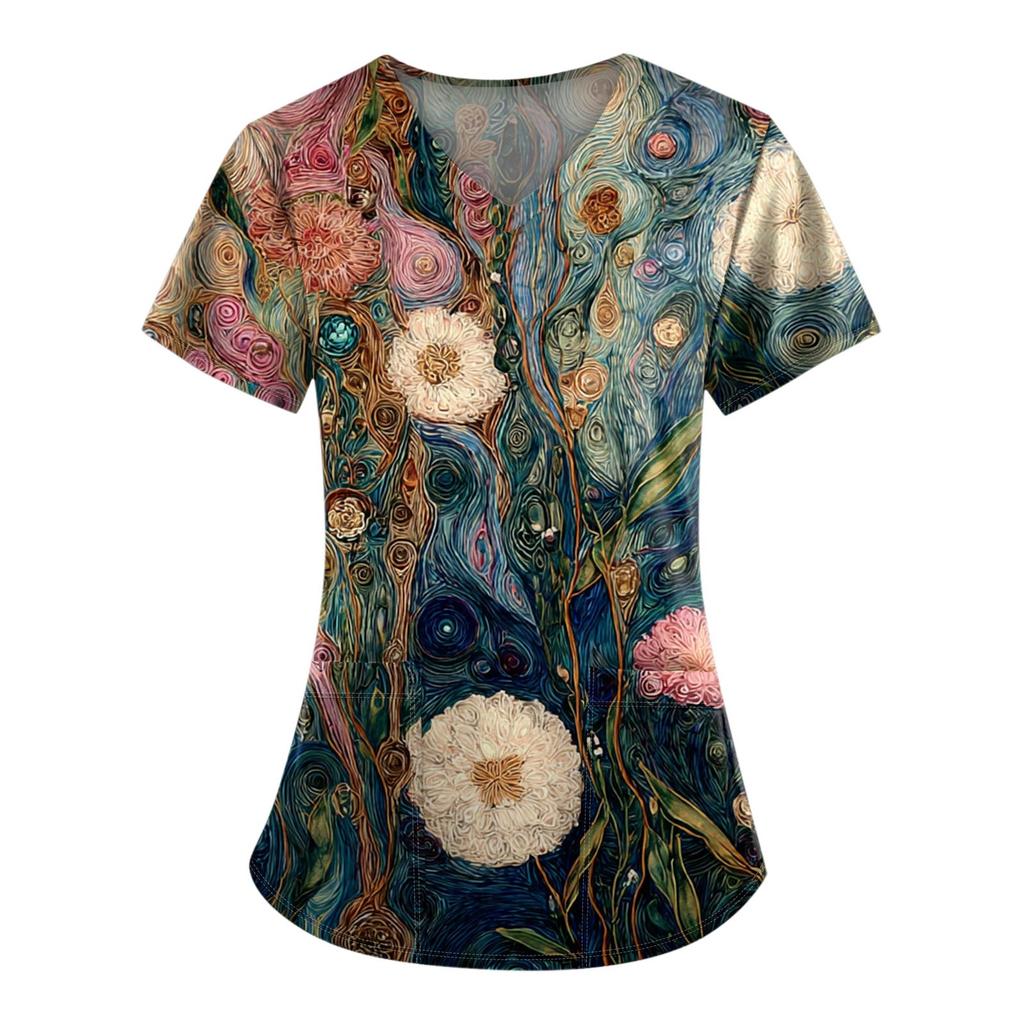 Plus Size Printed Scrub Working Uniform Tops For Women's V-Neck Print Short Sleeve Fun T-Shirts Workwear Tee With Pockets