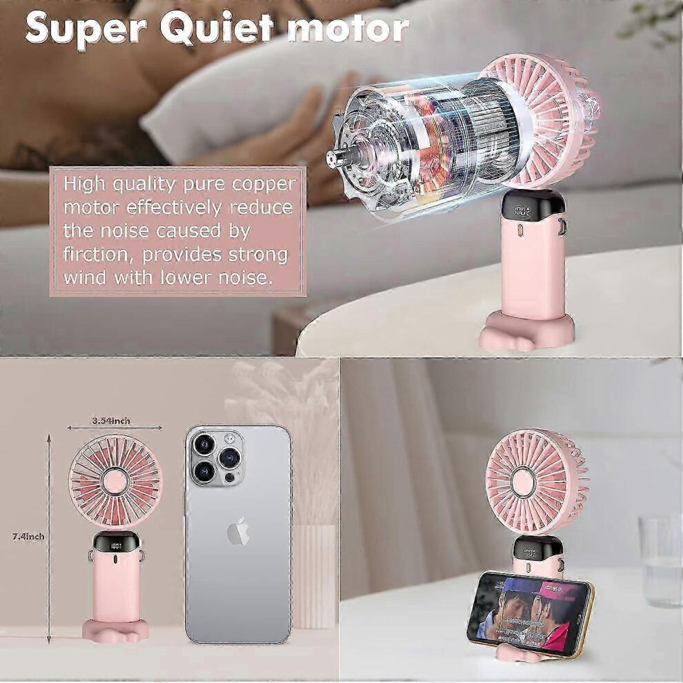 Handheld Fan, USB Rechargeable Portable Mini Fan, 5 Speed Small Pocket Fan with Base, 3000mAh Battery Foldable Office Desk Fan, Outdoor Pink