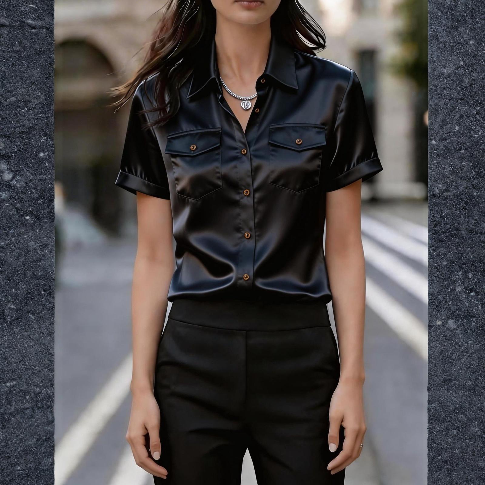 Women s Elegant Satin Short-Sleeve Blouse With Double Pockets S чёрный