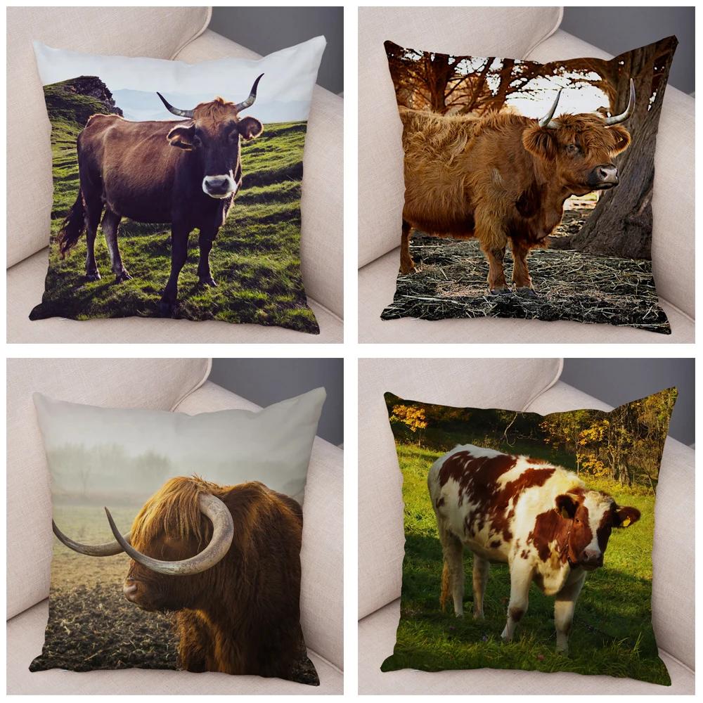 Scotland Kyloe Pillow Case Decor Wild Cow Colorful Animal Print Pillowcase Soft Short Plush Cushion Cover for Home Sofa 45x45cm