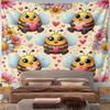 Cute Bees Holding Hearts with Floral Background Pattern Wall Hanging Tapestry Decorative Tapestry Home Decor for Bedroom and Living Room