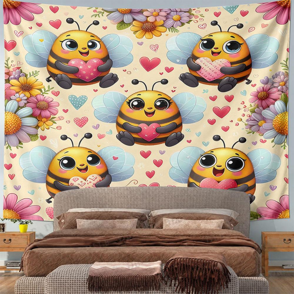 Cute Bees Holding Hearts with Floral Background Pattern Wall Hanging Tapestry Decorative Tapestry Home Decor for Bedroom and Living Room