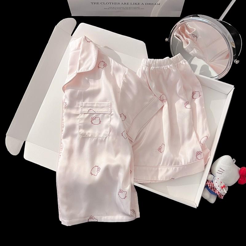 2026 Kids Ice Silk Pajamas Set Girls Cartoon Short Sleeve Shorts Sleepwear Lightweight Breathable Home Wear