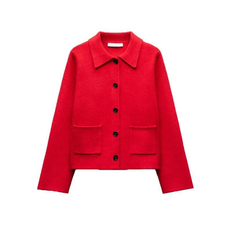 Spring New Arrival Red for Women Sweater Cardigan Lapel Long Sleeves Single Breasted Simple Knitting Outwear 2142001