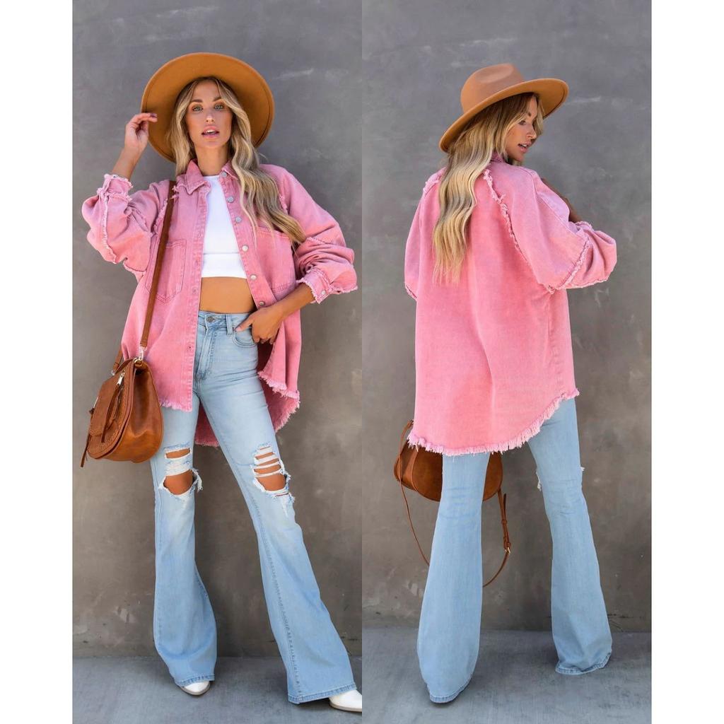 Long Sleeve Denim Jacket Women Washed Raw Edge Mid-Length Loose Jacket