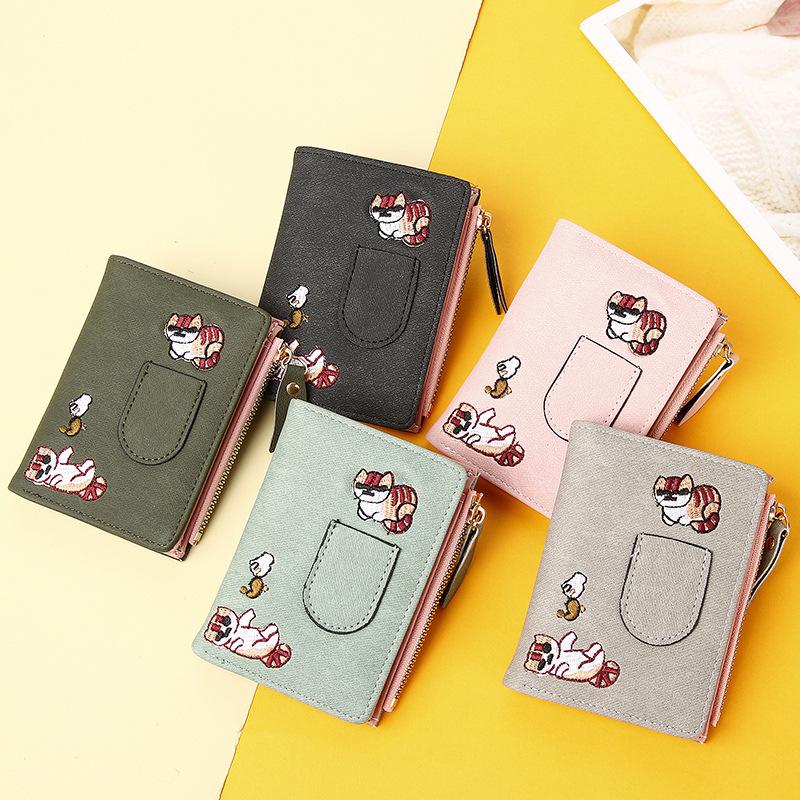 Women's Short Korean Cartoon Cat Wallet & Coin Purse - Cute Embroidered Kitten Card Holder