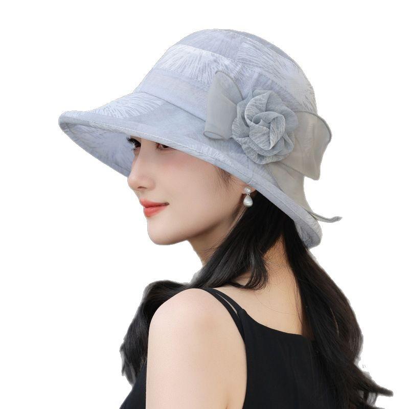 WTEMPO Women's Elegant Organza Flower Sun Hat Lightweight Mesh Bucket Hat with Floral Detail Breathable Casual Cap for Mature Ladies Spring Summer