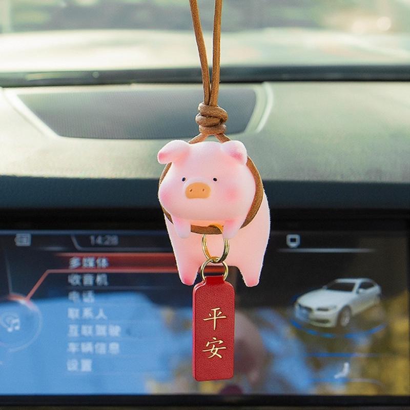 Car Rear View Mirror Pendant with Chinese Character Cute Swing Lucky Pig Piggy Hanging Ornament Auto Interior Decor