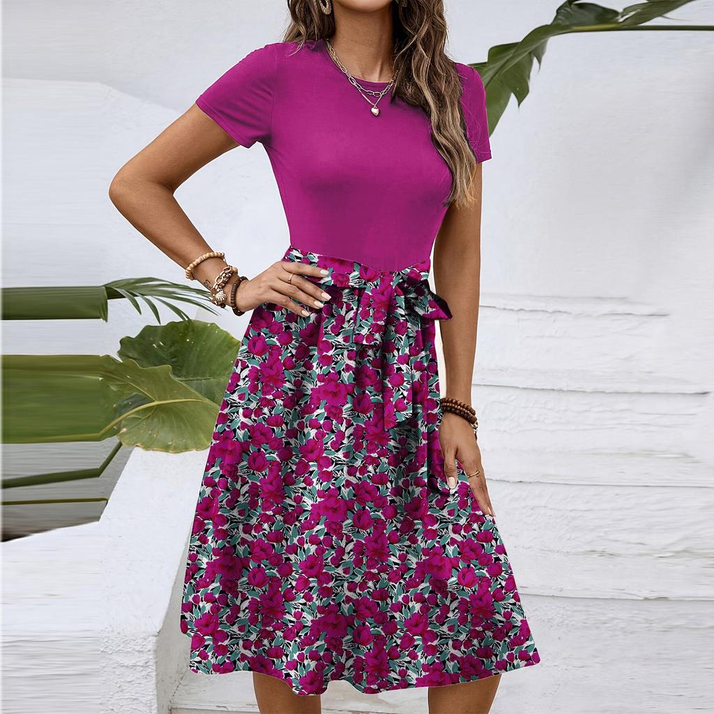 Women's Fashionable Retro Patterned Printing Color Blocked Belt Casual Dress