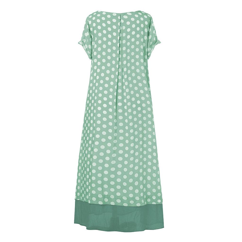 Women Polka Dot Fake Two Pieces  Short Sleeve Summer Plus Size Maxi Dress