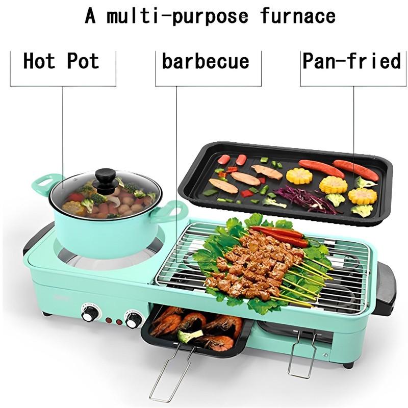 Multifunctional Electric Grills Smokeless Non-Stick Electric Baking Pan 3 In 1 Korean Style BBQ Hot Pot Multi Cooker Machine