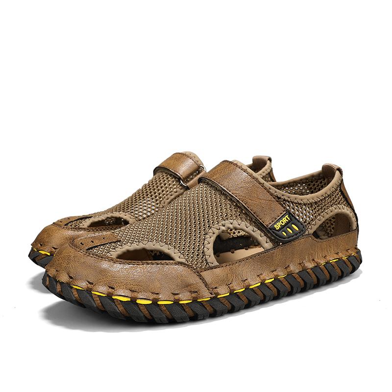 2025 Verano para Hombre Nuevos Transpirables Versátiles Modernos para Exteriores Hechos a Mano Grandes Zapatos de Playa Sandalias de Playa de Malla Hueca Cuero Genuino