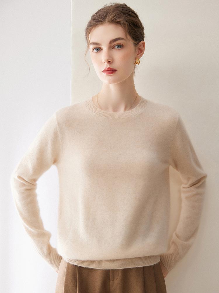 Women's Pure Cashmere Round Neck Sweater - Slimming Soft Knitwear for Autumn/Winter
