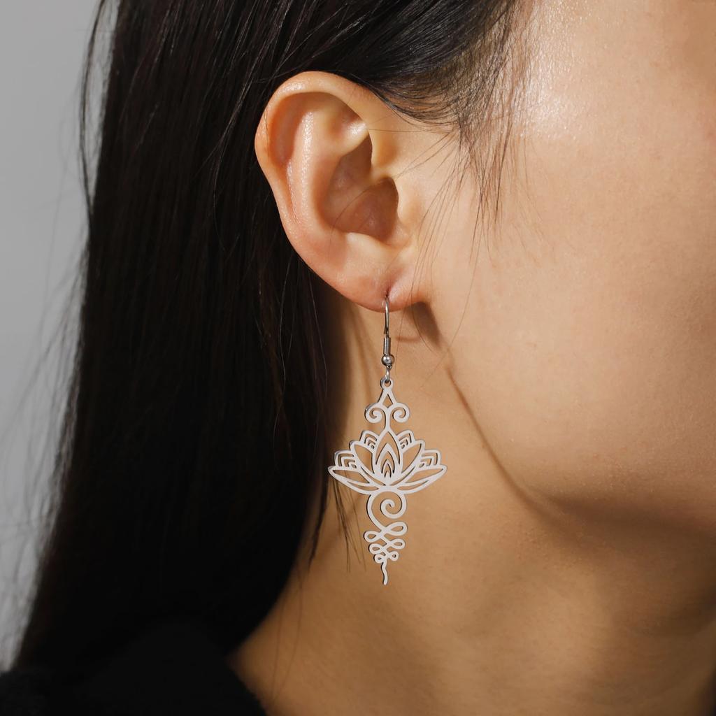 Skyrim Unalome Lotus Flower Dangle Earrings Stainless Steel Yoga Buddhism Pendant Drop Earring Spiritual Jewelry Gift for Women