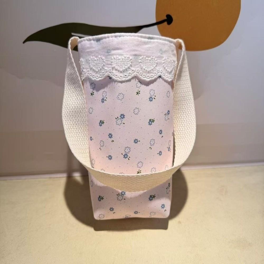 Lace Trimmed Water Bottle Cloth Bag Portable Lightweight Water Bottle Holder Handheld Floral Print Water Cup Sleeve for Students