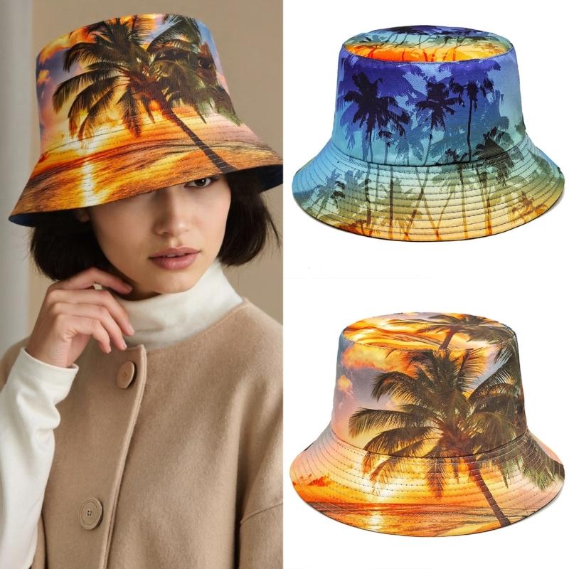 Soft Breathable Bucket Hat Sun Protective Caps with Tropical Scenery Print for Outdoor Activity and Travel Beach Vacation