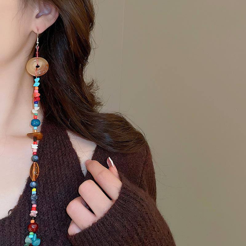 Colorful Bohemia Resin Beaded Long Tassel Drop Earrings Handmade Korean Fashion Geometric Pattern Dangle Earrings for Alloy
