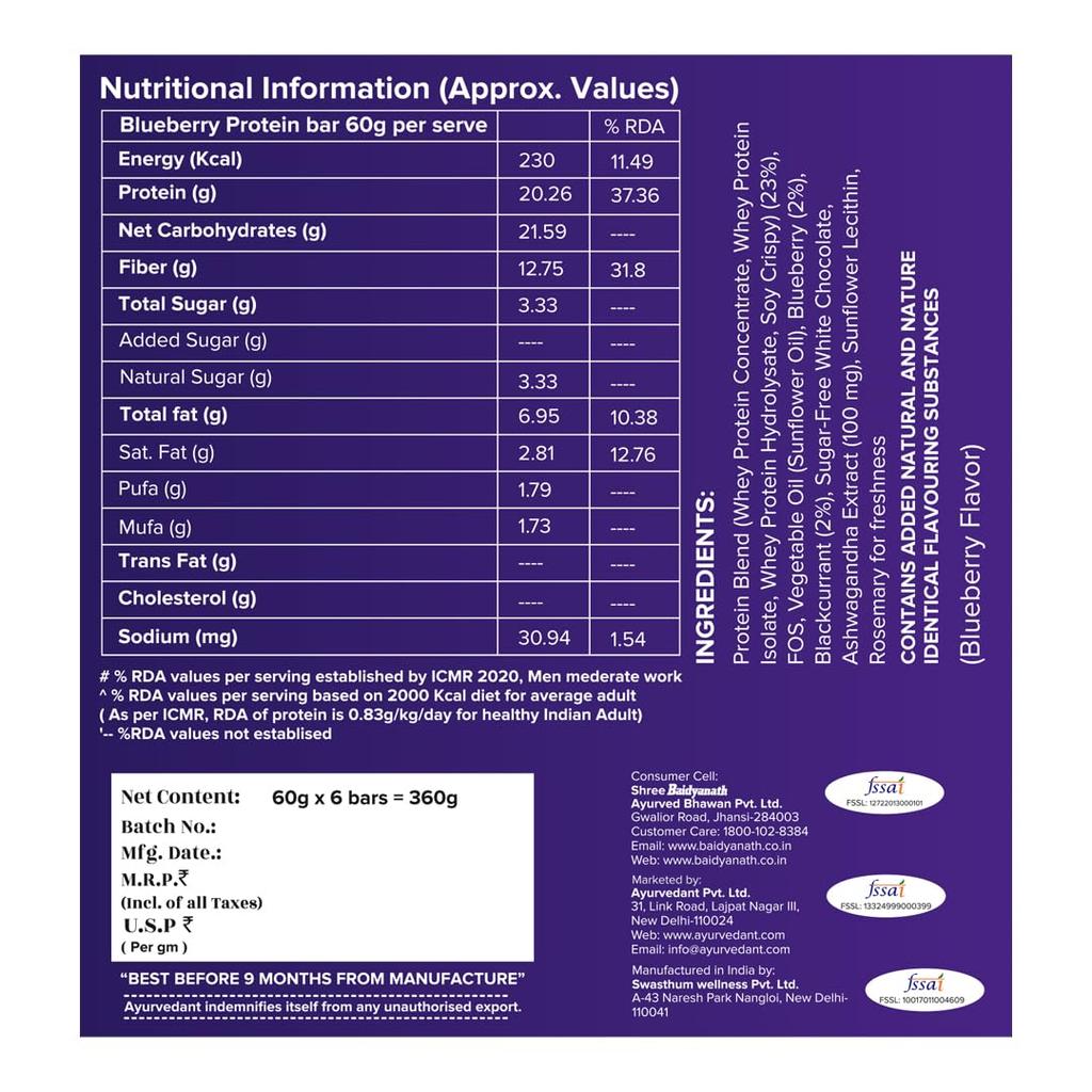 Baidyanath Blueberry Protein Bar 20g Protein No Added Sugar 60g x 6 High Fibre Healthy Snack for Fitness and Energy pack of 1