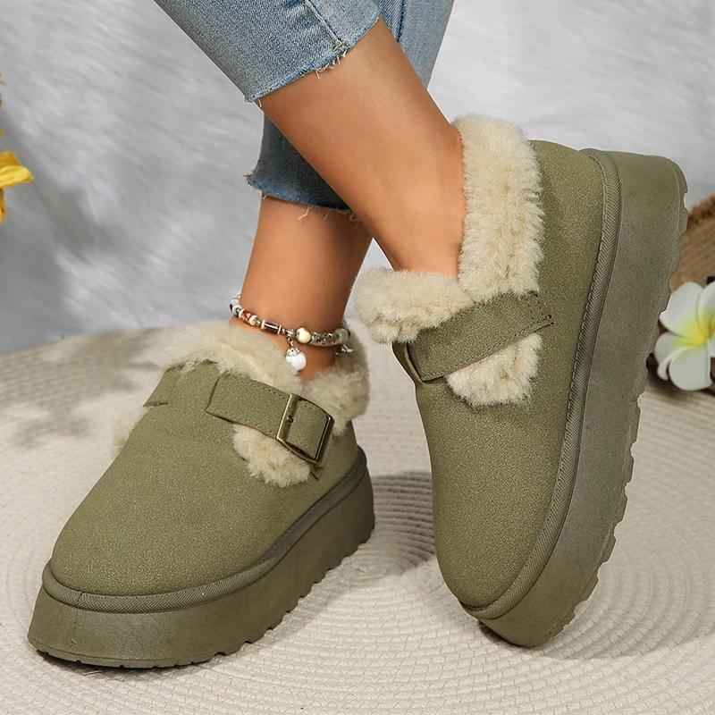 Autumn Winter Women Plush Snow Boots Shallow Buckle Thick Bottom Warm Boots Big Size 43 Suede Fur Flat Platform Cotton Shoes