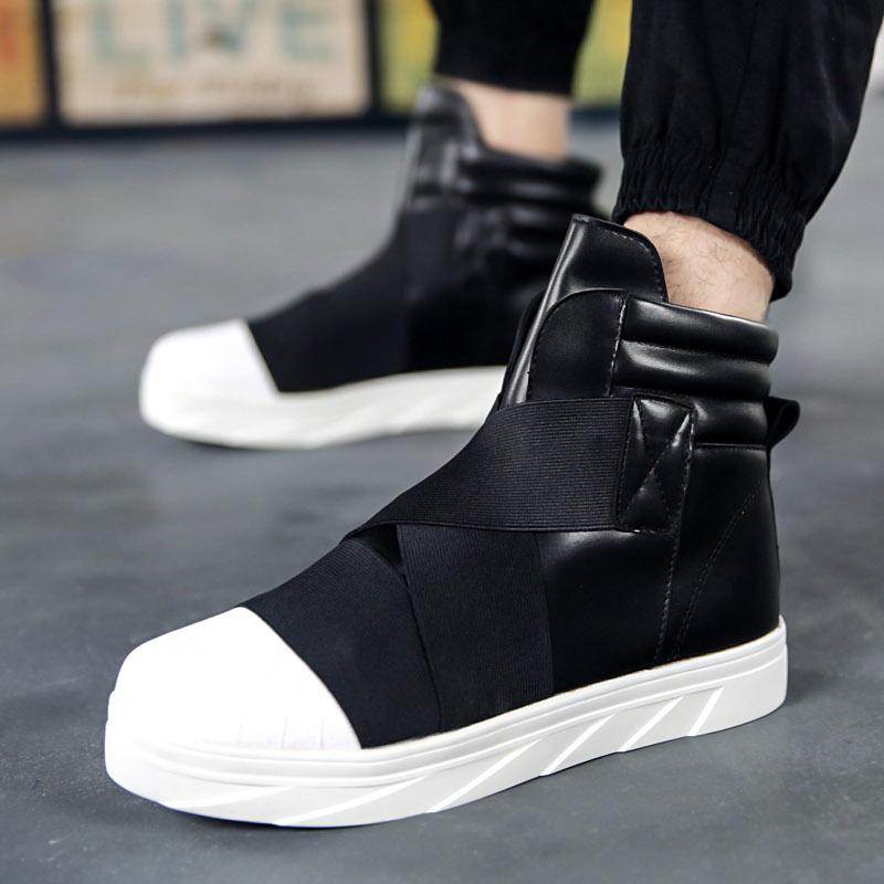 Fashion Black British Ankle Boots Men Autumn and Winter High-top Men's Leather Shoes Street Skateboard Sneakers Men Hip Hop Shoes Red