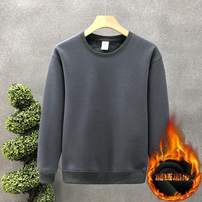 Men's Winter Fleece-Lined White Sweatshirt: Simple Solid Color, Round Neck, Long Sleeve, No Hood, Perfect for Spring and Autumn.