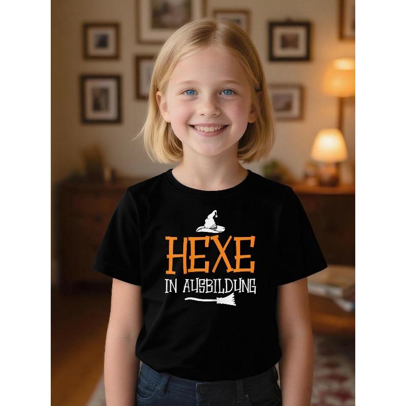European Size Girls Cute Halloween T Shirt with An Orange Witch Hat and Broom Design Short Sleeved Round Neck T Shirt 98cm чёрный