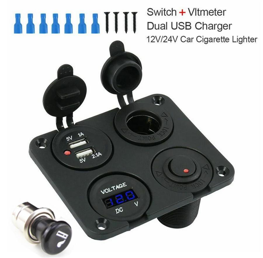 12V-24V Car Boat Dual USB Charger Switch Voltmeter Cigarette Lighter Sockets Kit