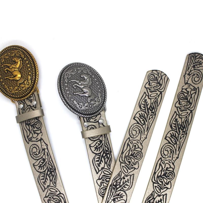 Floral Engraved PU Belt for Jeans Women Vintage Horse Pattern Buckle Waist Belt