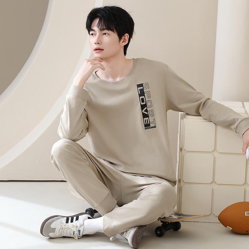 Pajamas men's autumn long-sleeved pure cotton fashion letters men's casual sports cotton loungewear suit can be worn outside