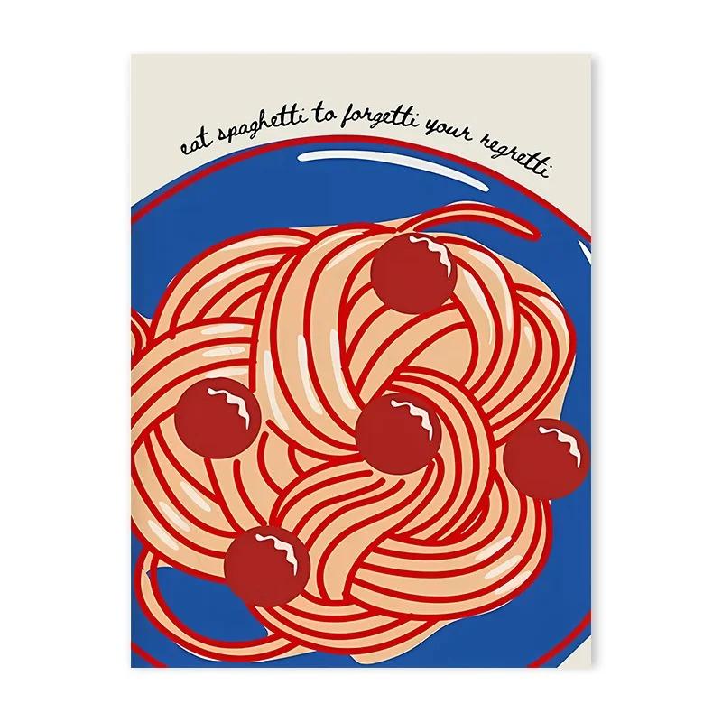 Color Food Line Drawing Canvas Painting Living Fashion Vintage Spaghetti Red Wine Print Posters Room Kitchen Wall Art Home Decor