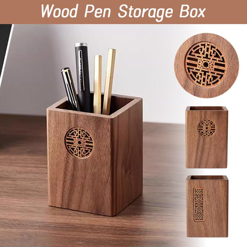 Retro Engraving Black Walnut Wooden Pen Holder Pen Organizer Office Desktop Storage Box Cosmetics Paper Box Gift