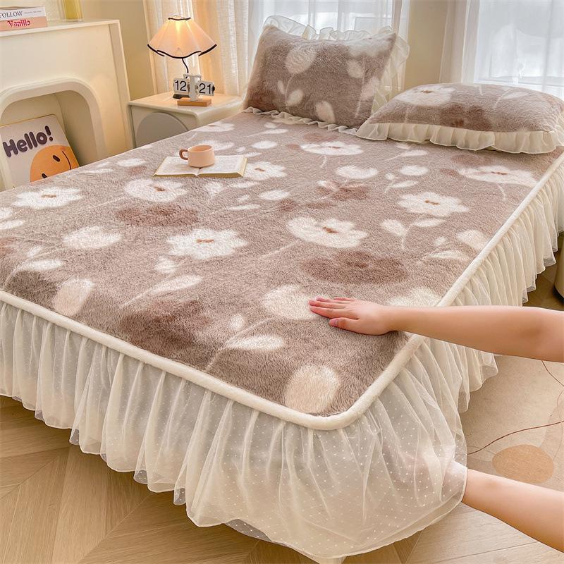 French Rabbit Fur Double-Layer Lace Fitted Sheet Bed Skirt 3-Piece Set